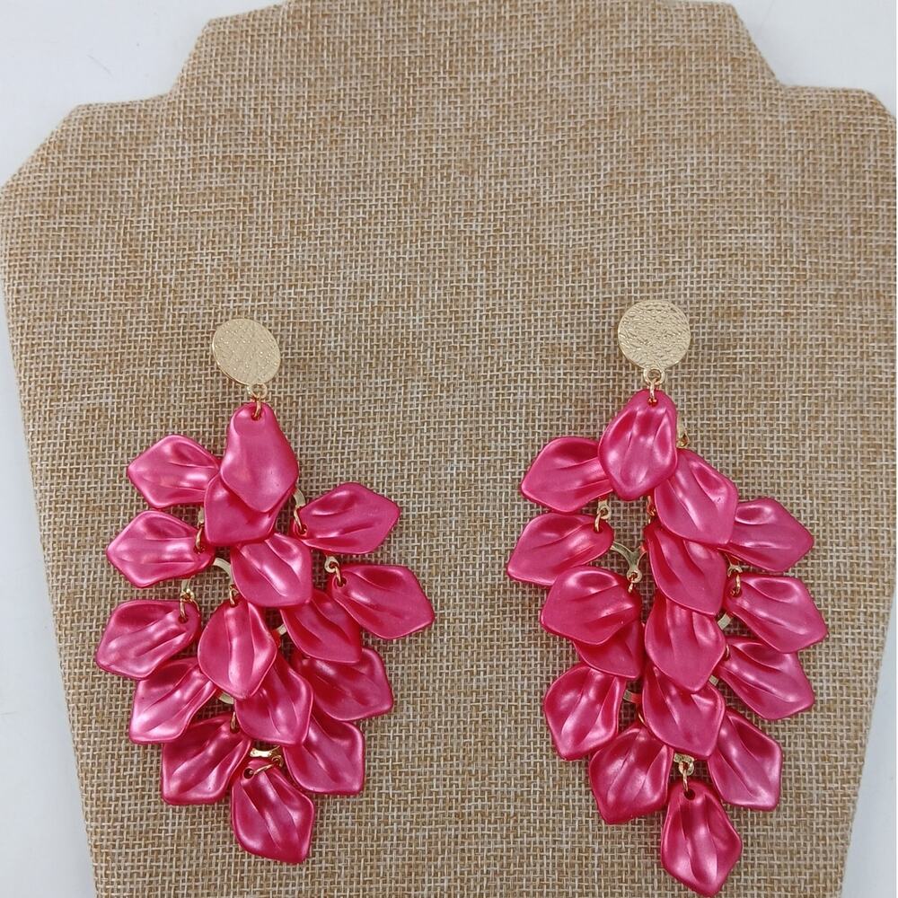 Fuchsia Pink Petal Drop Dangle Earrings Fashion Jewelry Accessory Gold Plated